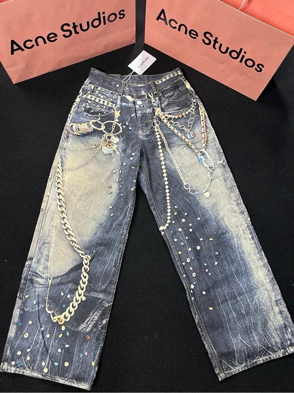 Acne Studded Washed-Black Jeans with Chain Motif